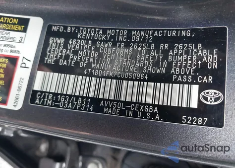 2012 Toyota Camry Hybrid Xle z USA, uszkodzony, nr VIN 4T1BD1FK7CU050964